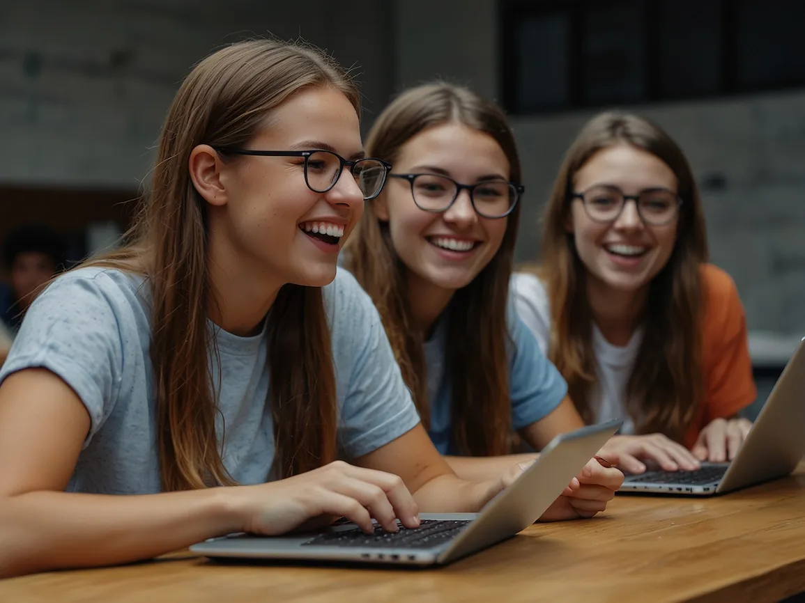 young laughing female students enjoy studying their laptops